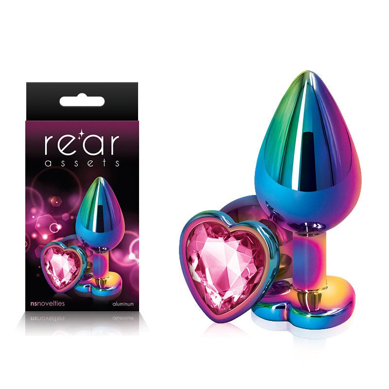Rear Assets Multi Coloured Heart - Multi Coloured Medium Metal Butt Plug with Pink Heart Gem Base - Silk and Sin