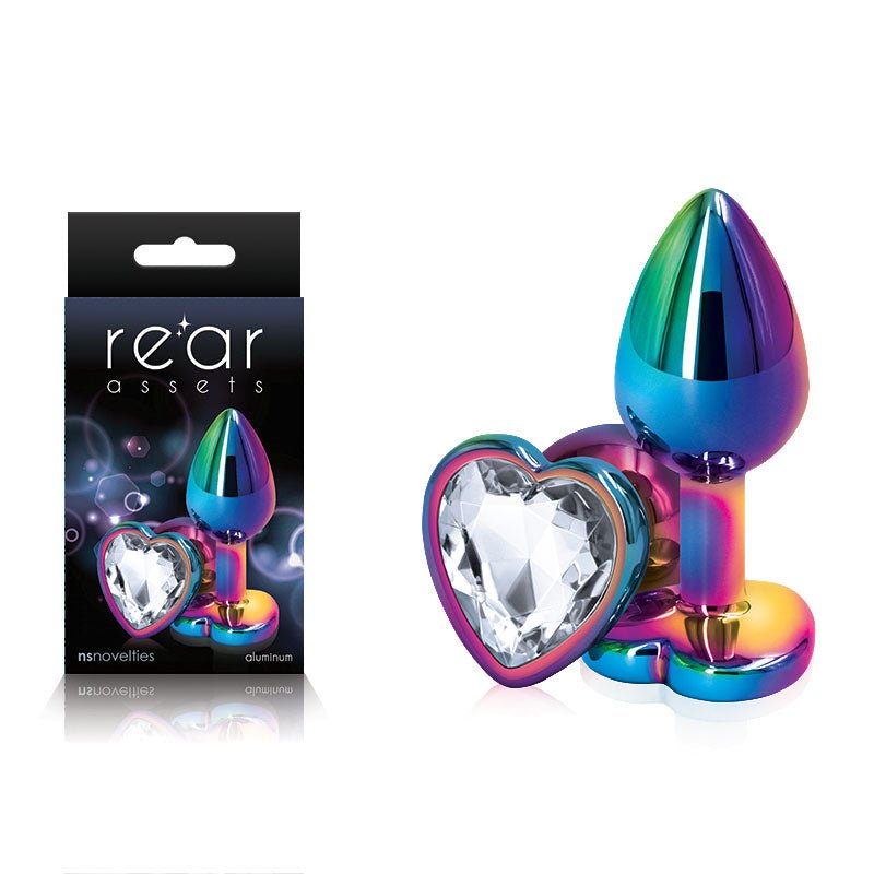 Rear Assets Multi Coloured Heart - Multi Coloured Small Metal Butt Plug with Clear Heart Gem Base - Silk and Sin