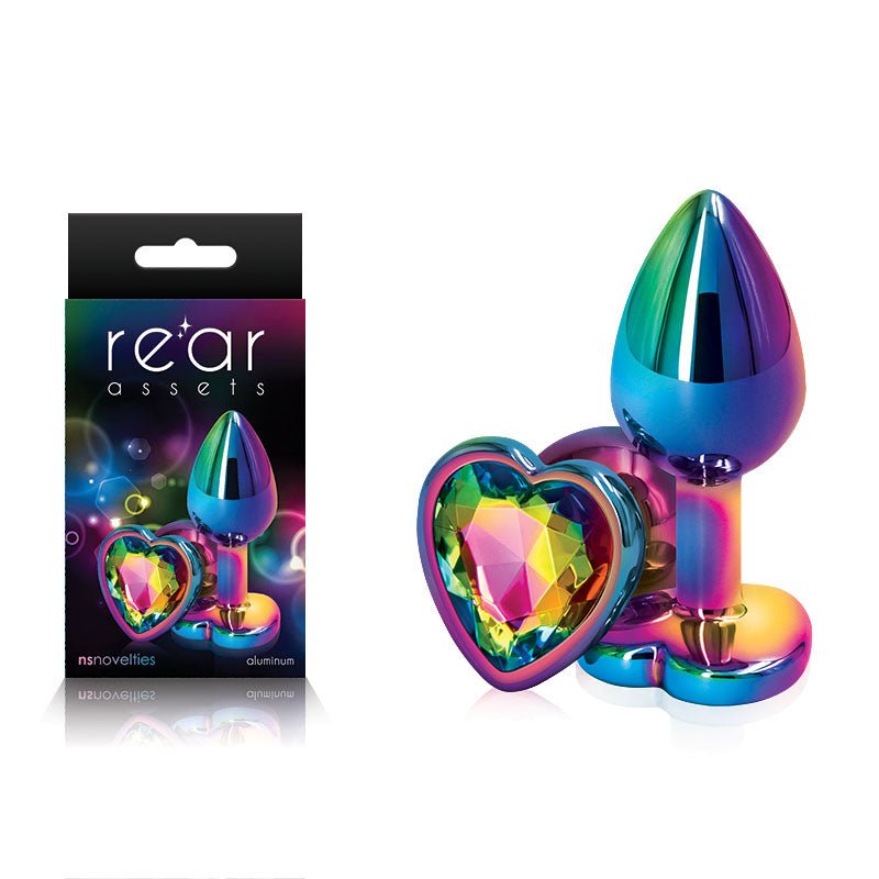 Rear Assets Multi Coloured Heart - Multi Coloured Small Metal Butt Plug with Rainbow Heart Gem Base - Silk and Sin