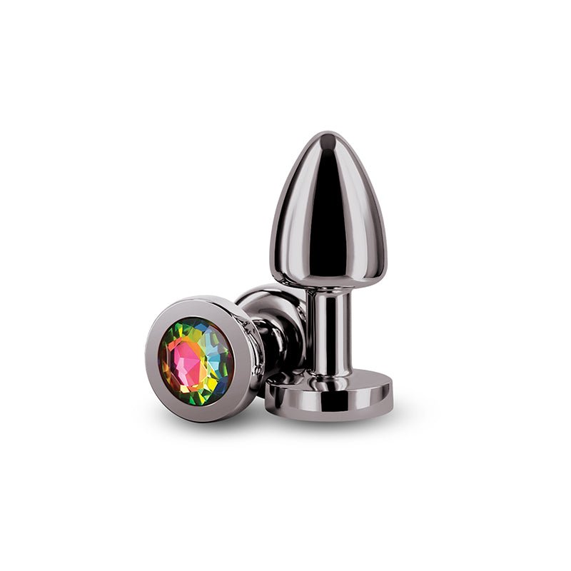 Rear Assets Petite - Gunmetal with Rainbow Gem - Gunmetal 6 cm Metal Butt Plug with Rainbow Round Gem Base - Silk and Sin