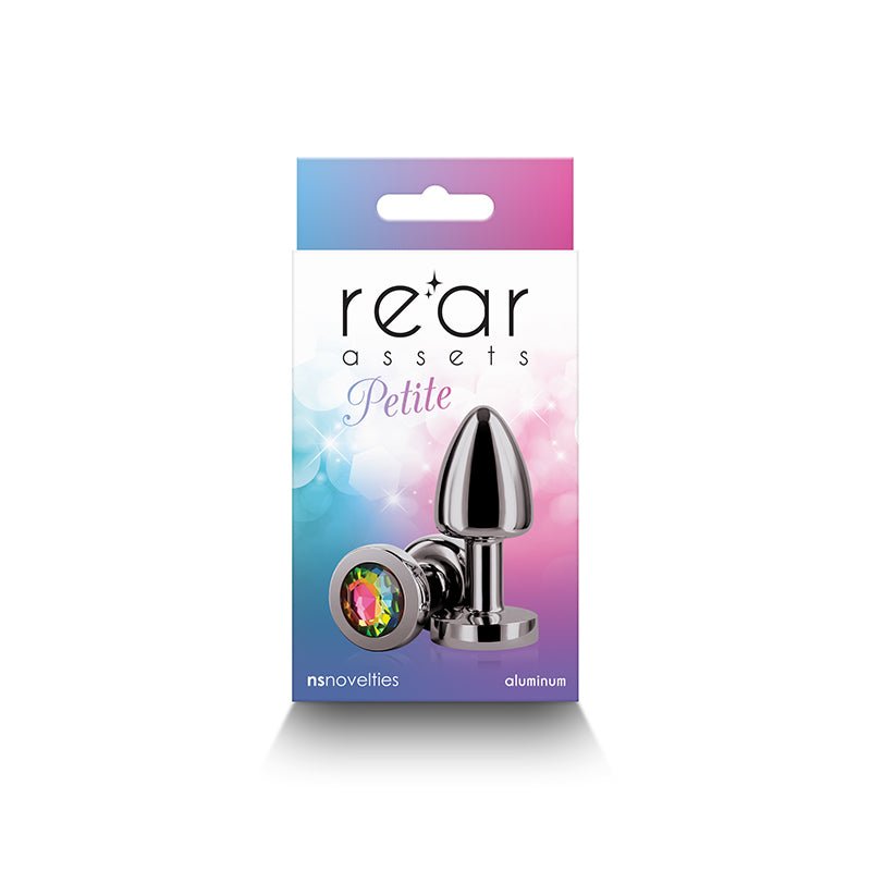 Rear Assets Petite - Gunmetal with Rainbow Gem - Gunmetal 6 cm Metal Butt Plug with Rainbow Round Gem Base - Silk and Sin