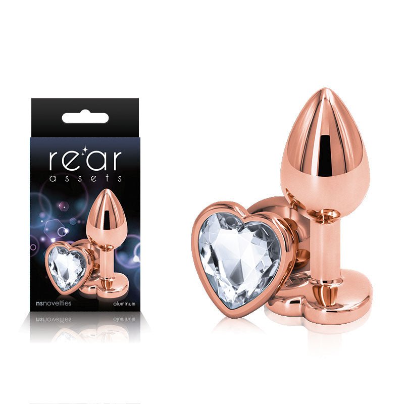 Rear Assets Rose Gold Heart Small - Rose Gold Small Metal Butt Plug with Clear Heart Gem Base - Silk and Sin