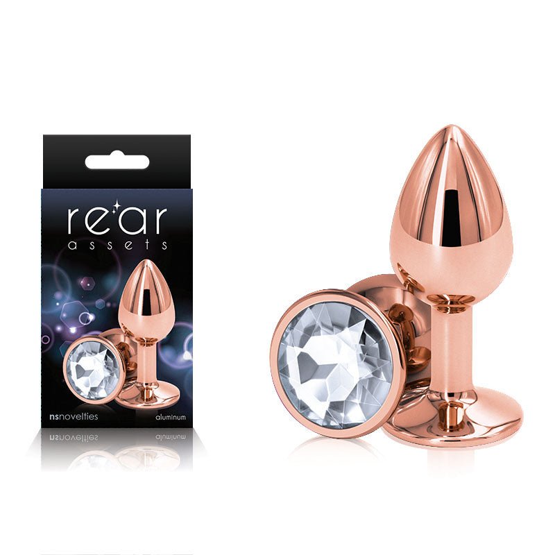 Rear Assets Rose Gold Small - Rose Gold Small Metal Butt Plug with Clear Gem Base - Silk and Sin