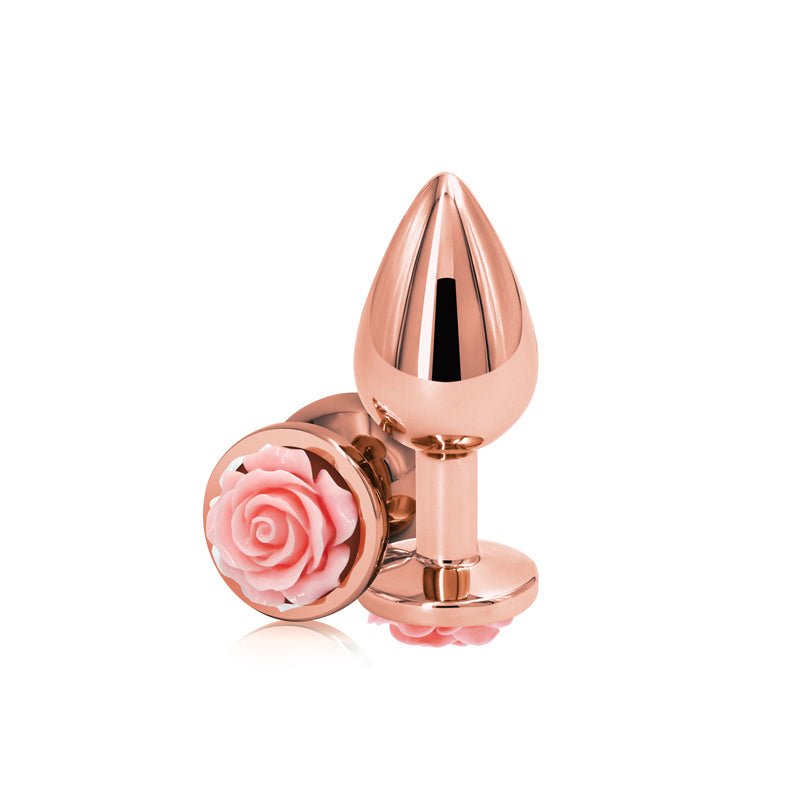 Rear Assets Rose - Medium - Rose Gold 8.9 cm Metal Butt Plug with Pink Rose Base - Silk and Sin