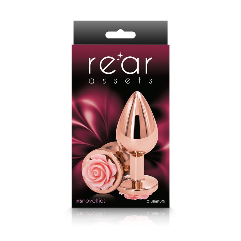 Rear Assets Rose - Medium - Rose Gold 8.9 cm Metal Butt Plug with Pink Rose Base - Silk and Sin
