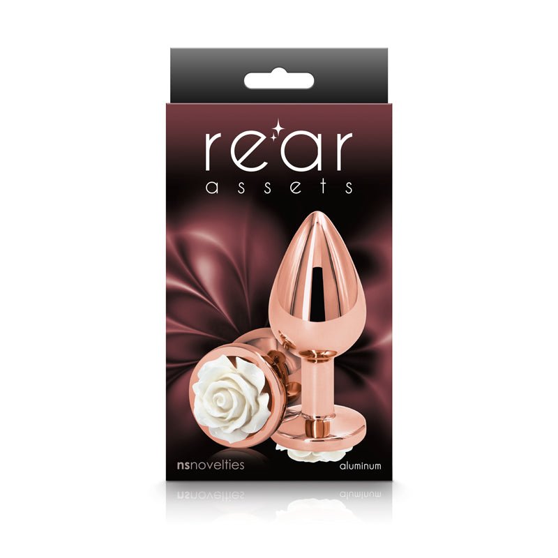 Rear Assets Rose - Medium - Rose Gold 8.9 cm Metal Butt Plug with White Rose Base - Silk and Sin