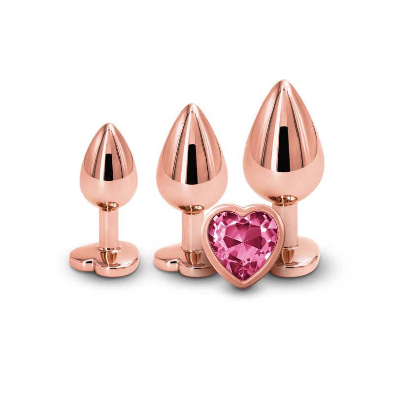 Rear Assets Trainer Kit - Rose Gold - Pink Heart - Rose Gold Metallic Butt Plugs with Pink Hearts - Set of 3 Sizes - Silk and Sin