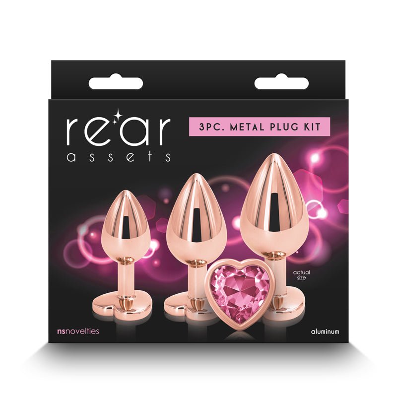 Rear Assets Trainer Kit - Rose Gold - Pink Heart - Rose Gold Metallic Butt Plugs with Pink Hearts - Set of 3 Sizes - Silk and Sin