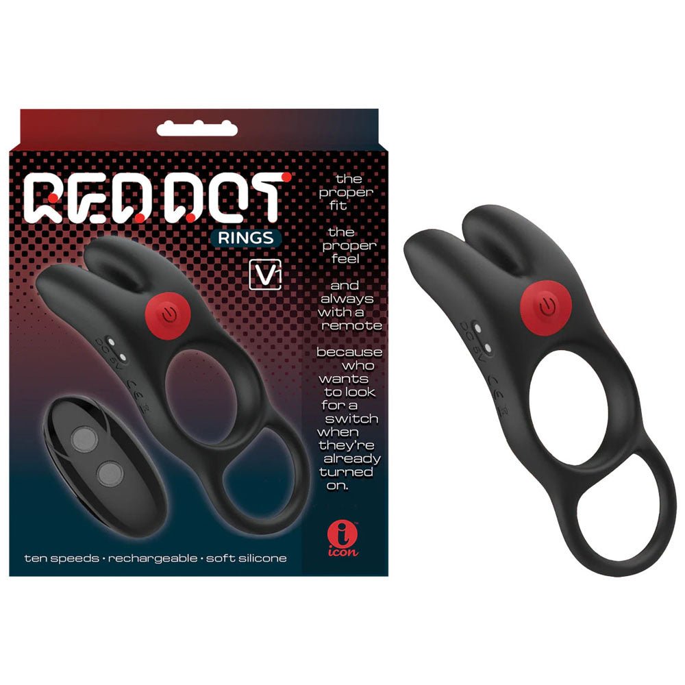 Red Dot Rings - V1 - Black USB Rechargeable Vibrating Cock Ring with Remote - silkandsin
