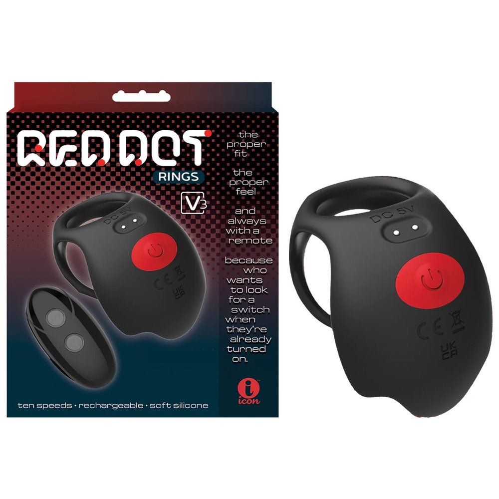 Red Dot Rings - V3 - Black USB Rechargeable Vibrating Cock & Ball Ring with Remote - silkandsin