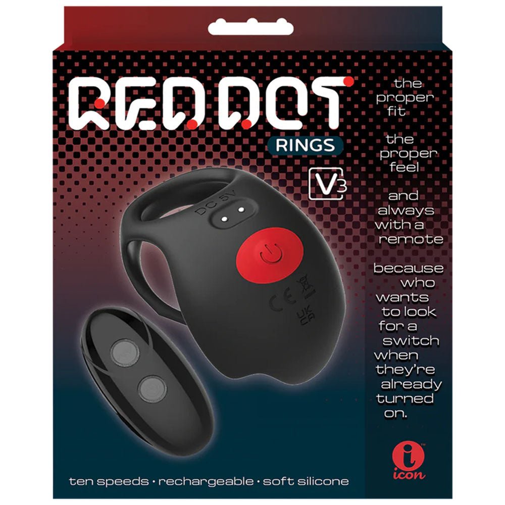 Red Dot Rings - V3 - Black USB Rechargeable Vibrating Cock & Ball Ring with Remote - silkandsin