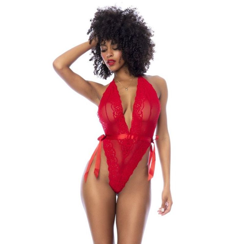 Red Lace Bodysuit with Side Ties - Silk and Sin