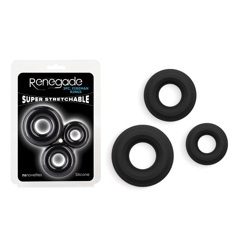 Renegade 3pc Fireman Rings - Black - Black Cock Rings - Set of 3 Sizes - Silk and Sin