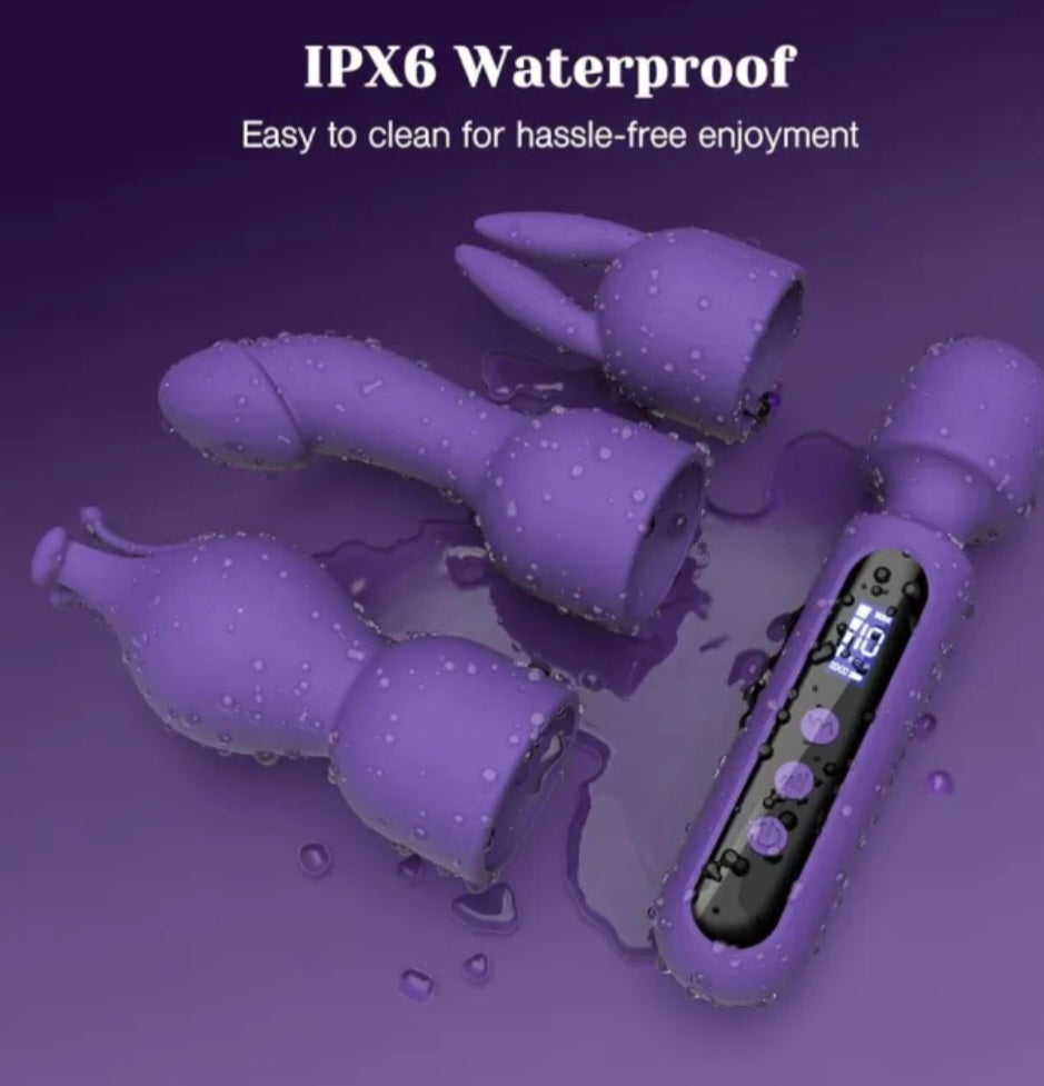 10-Speed Multi-Attachment Wand Massager – Purple Rechargeable Waterproof Silicone Vibrator with 3 Heads