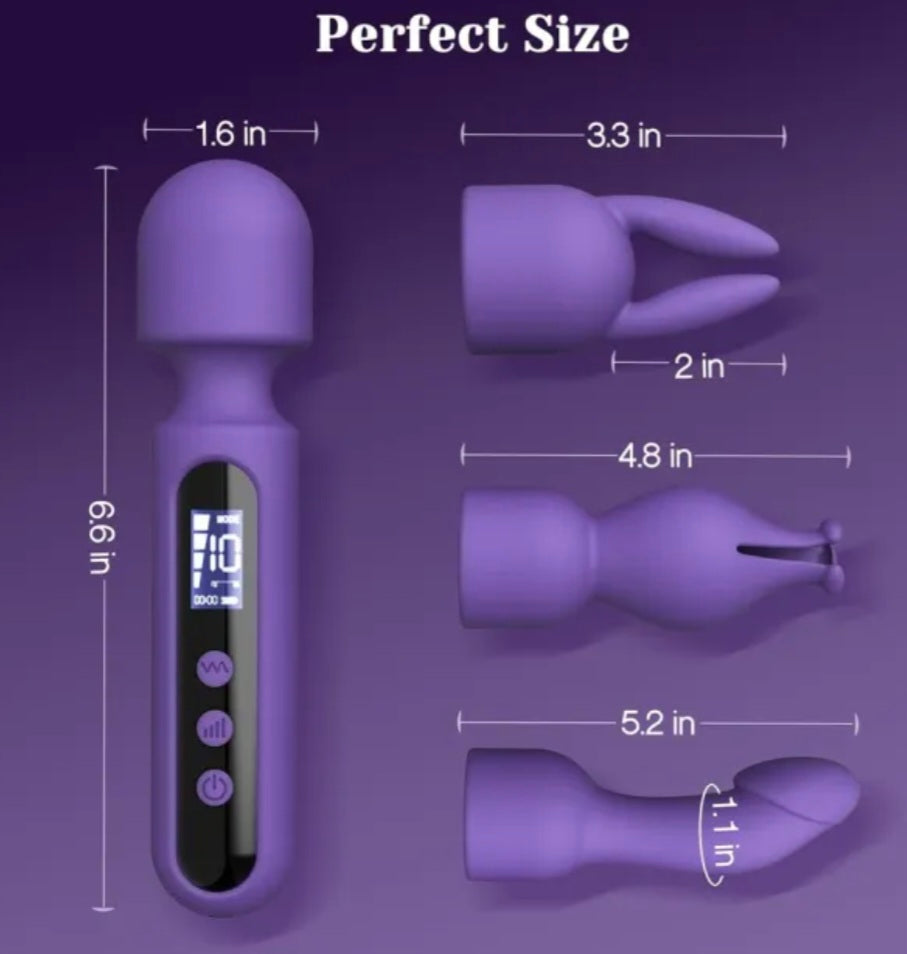 10-Speed Multi-Attachment Wand Massager – Purple Rechargeable Waterproof Silicone Vibrator with 3 Heads