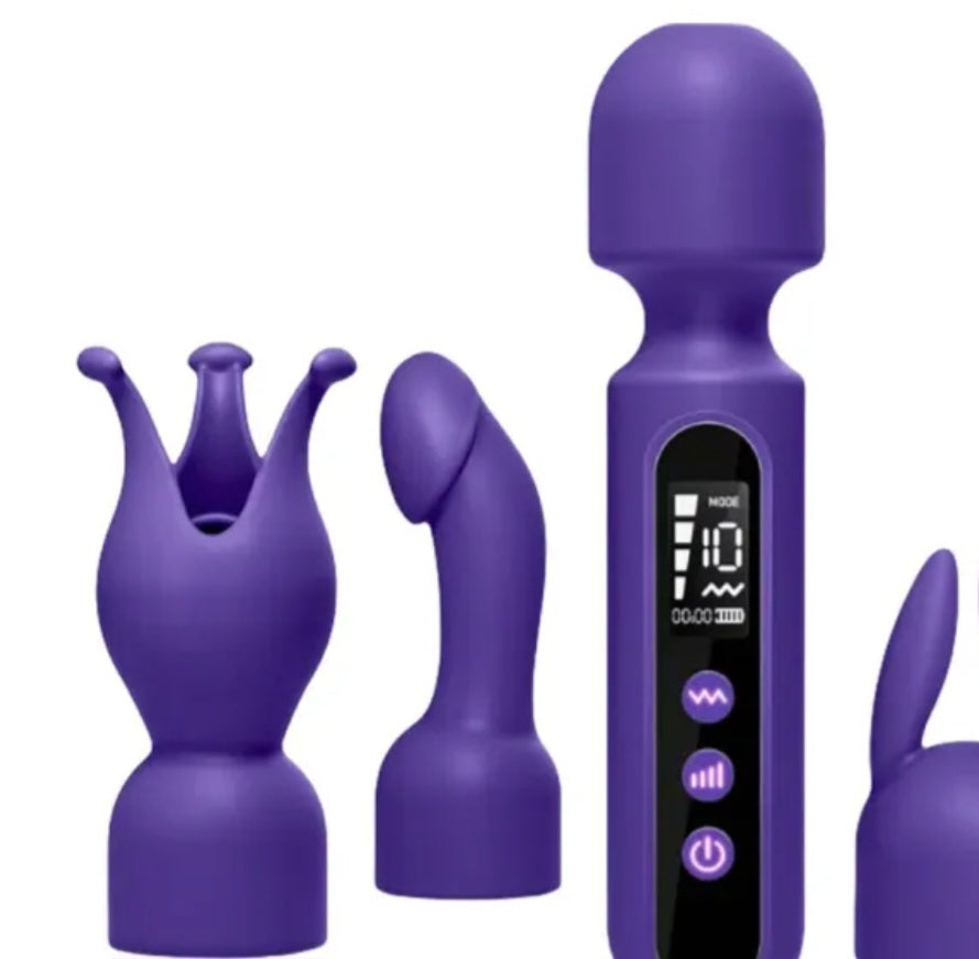 10-Speed Multi-Attachment Wand Massager – Purple Rechargeable Waterproof Silicone Vibrator with 3 Heads