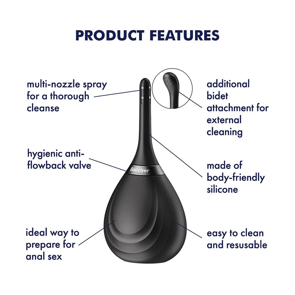 Satisfyer Clean & Play 2-in-1 - Black Unisex Douche with 2 Nozzles - Silk and Sin