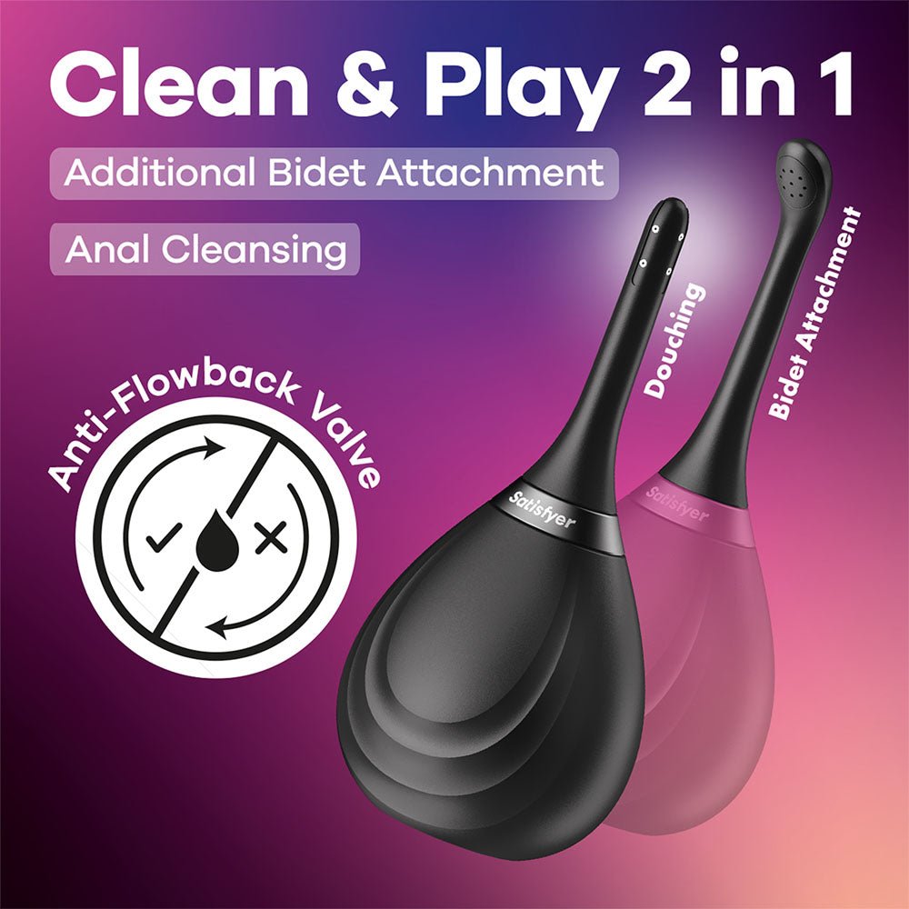 Satisfyer Clean & Play 2-in-1 - Black Unisex Douche with 2 Nozzles - Silk and Sin