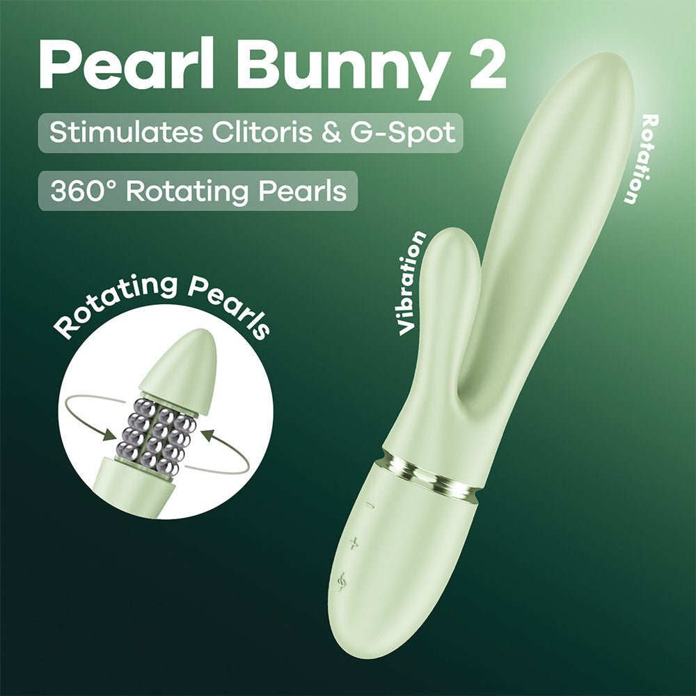 Satisfyer Pearl Bunny 2 - Light Green - Light Green 21.5 cm USB-C Rechargeable Rabbit Vibrator - Silk and Sin