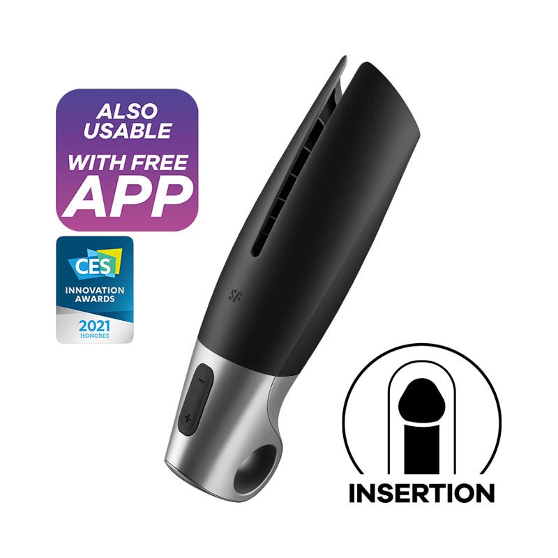 Satisfyer Power Masturbator - Black USB Rechargeable Vibrating Masturbator with App Control - Silk and Sin