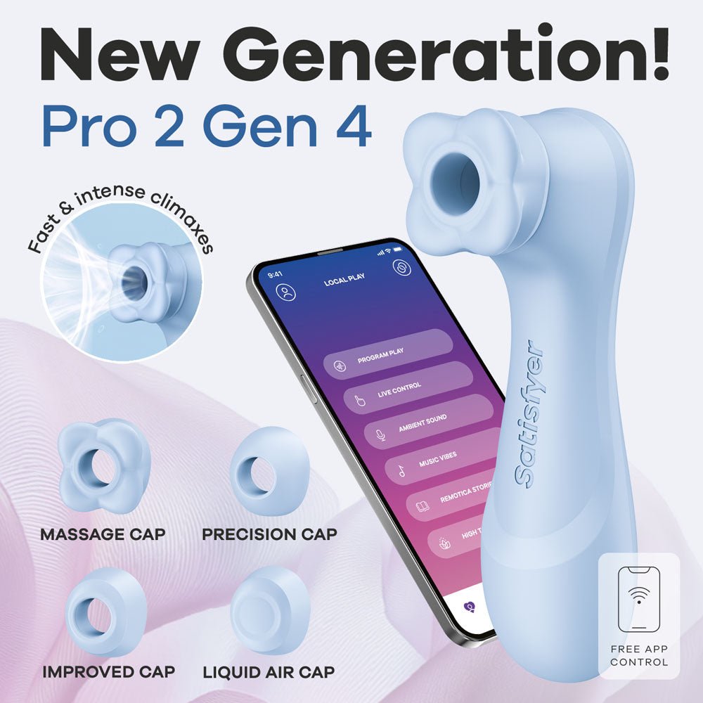 Satisfyer Pro 2 Generation 4 - Serene Blue - Blue Touch-Free USB-C Rechargeable Clitoral Stimulator with App Control - Silk and Sin