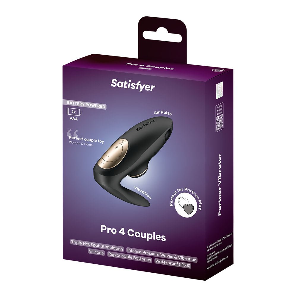 Satisfyer Pro 4 Couples - Battery Series - Black U - Shaped Couples Vibe with Air Pulsation - silkandsin