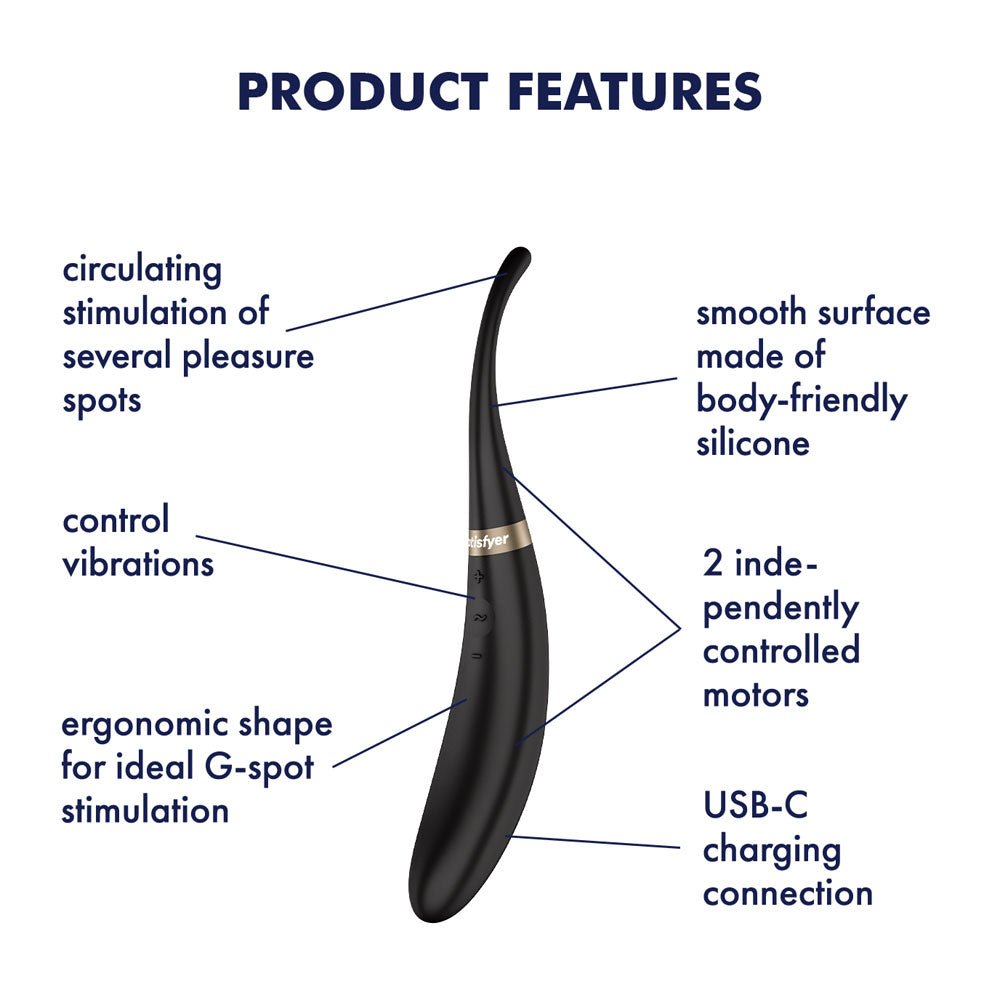 Satisfyer Tip Tease - Black - Black USB Rechargeable Vibrator with Twirling Tip - Silk and Sin