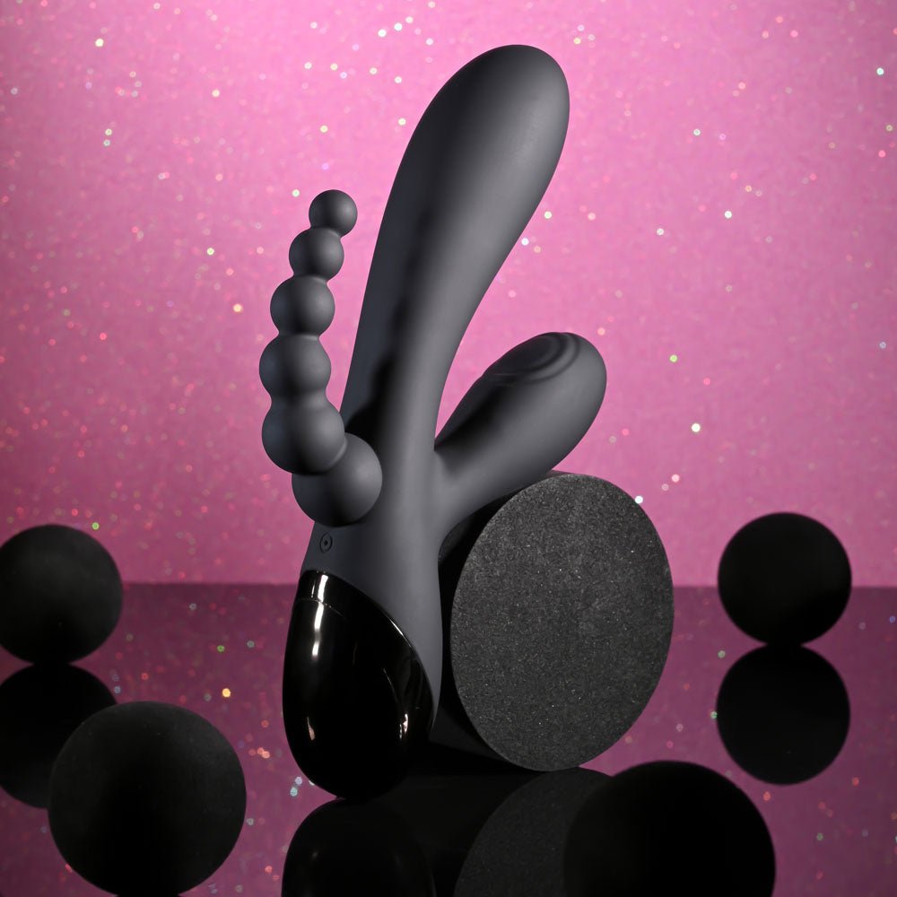 Selopa TRIPLE ACES - Black 19.7 cm USB Rechargeable Triple Stimulator Vibrator - silkandsin