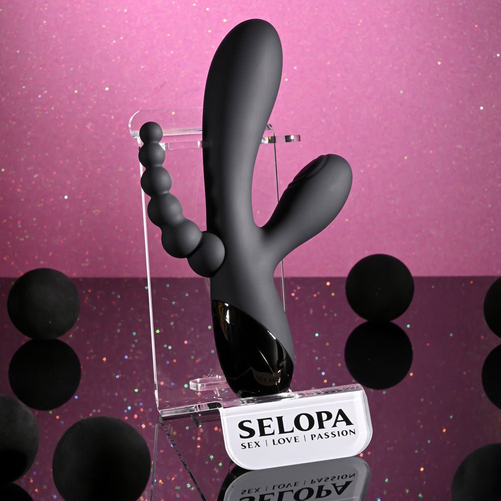 Selopa TRIPLE ACES - Black 19.7 cm USB Rechargeable Triple Stimulator Vibrator - silkandsin