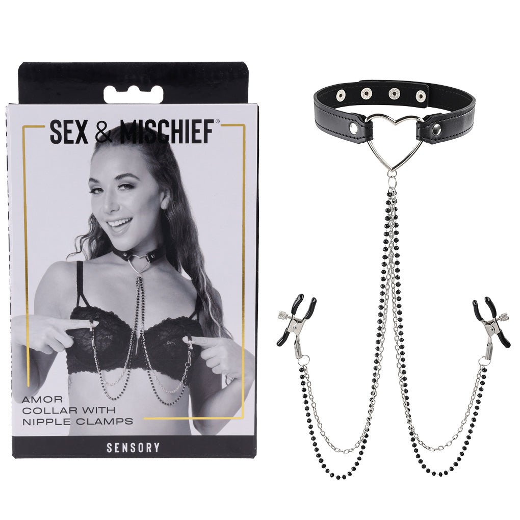 Sex & Mischief Amor Collar with Nipple Clamps - Metal Restraints - silkandsin