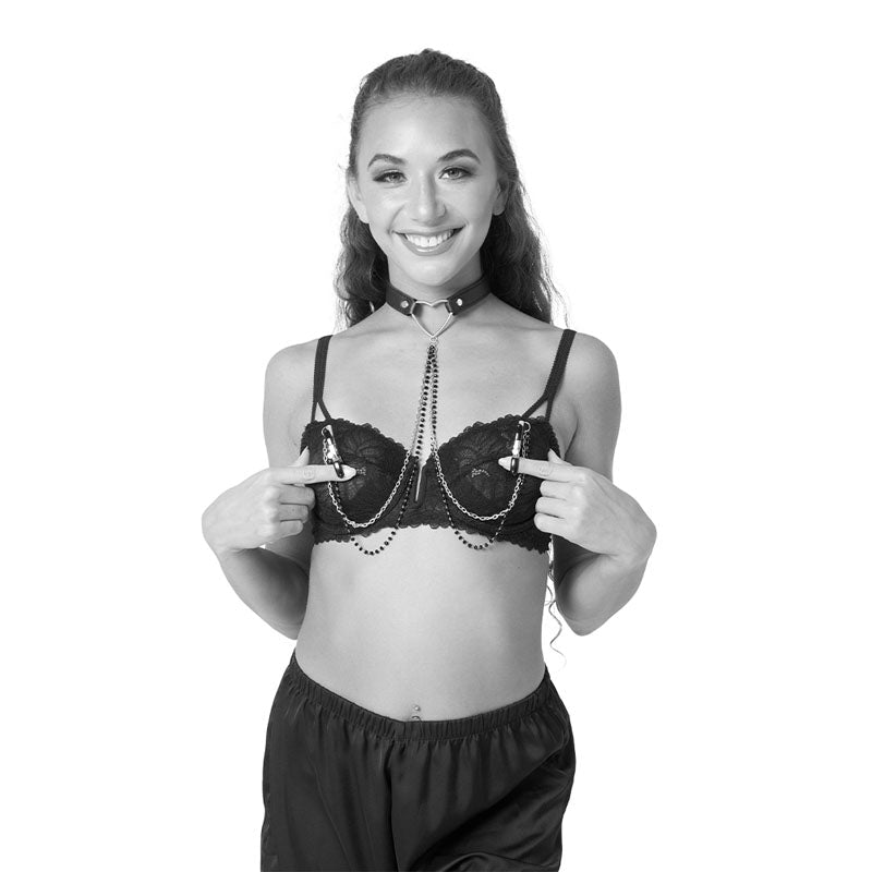 Sex & Mischief Amor Collar with Nipple Clamps - Metal Restraints - silkandsin