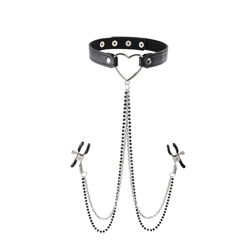 Sex & Mischief Amor Collar with Nipple Clamps - Metal Restraints - silkandsin