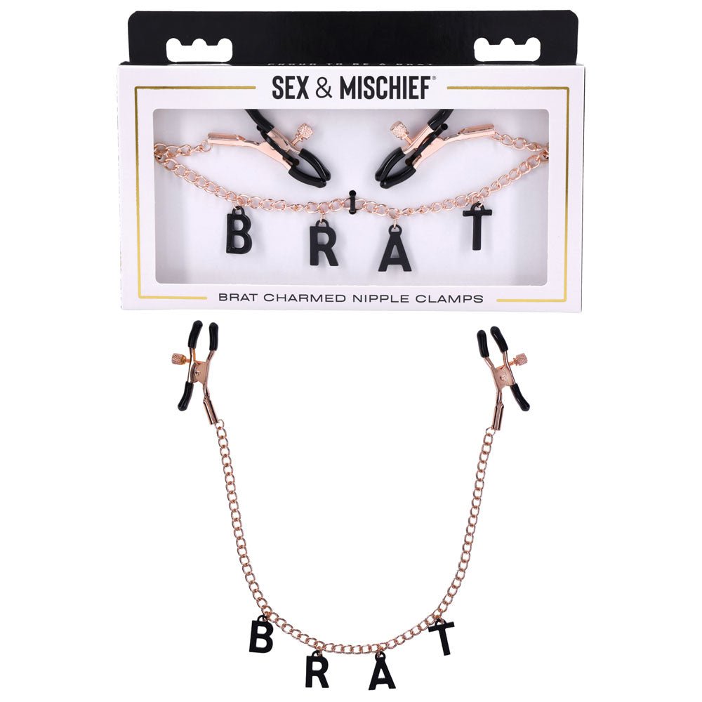 Sex & Mischief Brat Charmed Nipple Clamps - Rose Gold Nipple Clamps with 45 cm Chain - Silk and Sin