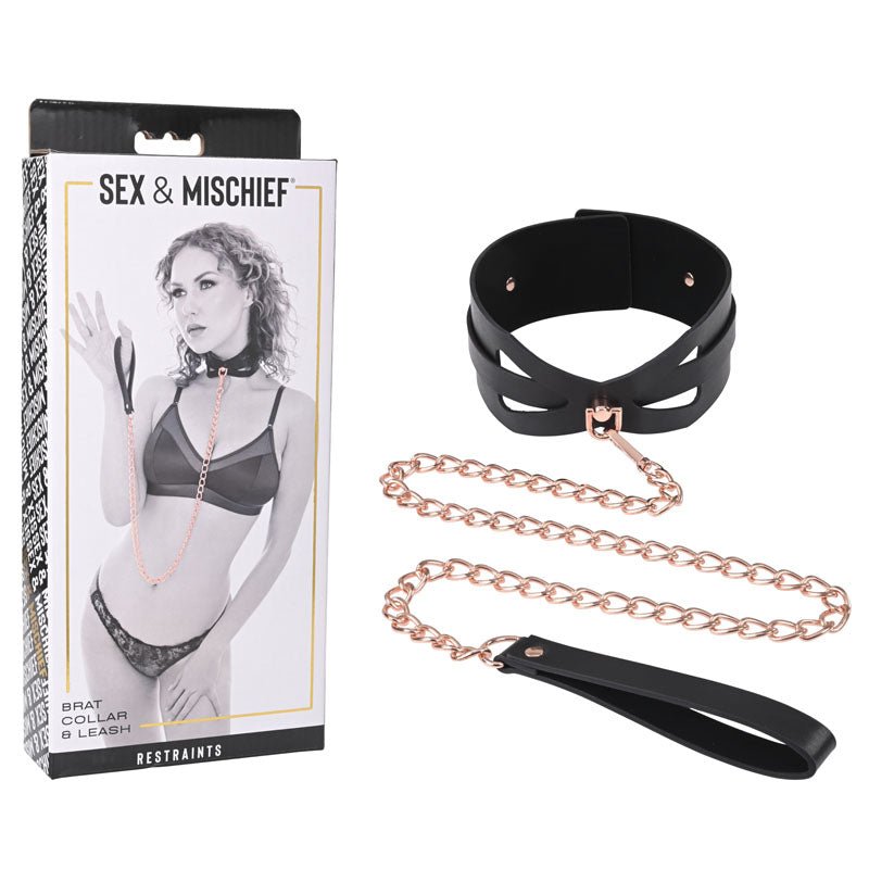 Sex & Mischief Brat Collar & Leash - Rose Gold/Black Restraint - silkandsin