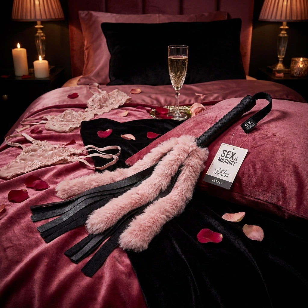 Sex & Mischief Brat Faux Fur Flogger - Black 50 cm Whip with Pink Faux Feather - silkandsin