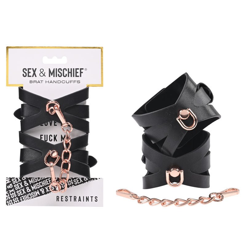 Sex & Mischief Brat Handcuffs - Black/Rose Gold Restraints - Silk and Sin