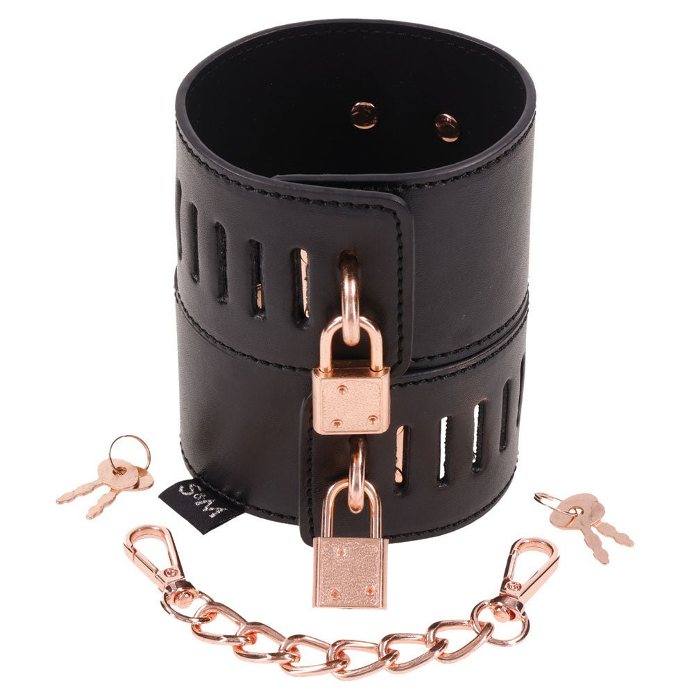 Sex & Mischief Brat Locking Cuffs - Black/Rose Gold Hand Cuffs - silkandsin