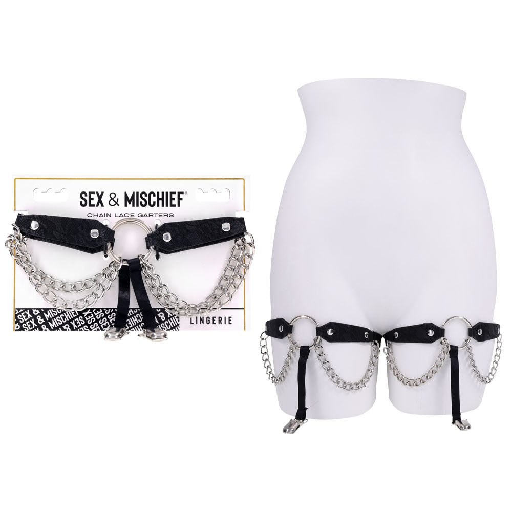 Sex & Mischief Chain Lace Garters - Black/Metal Garters - silkandsin