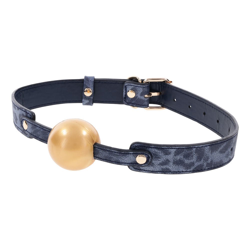 Sex & Mischief Cougar Ball Gag - Navy Blue/Gold Mouth Restraint - silkandsin