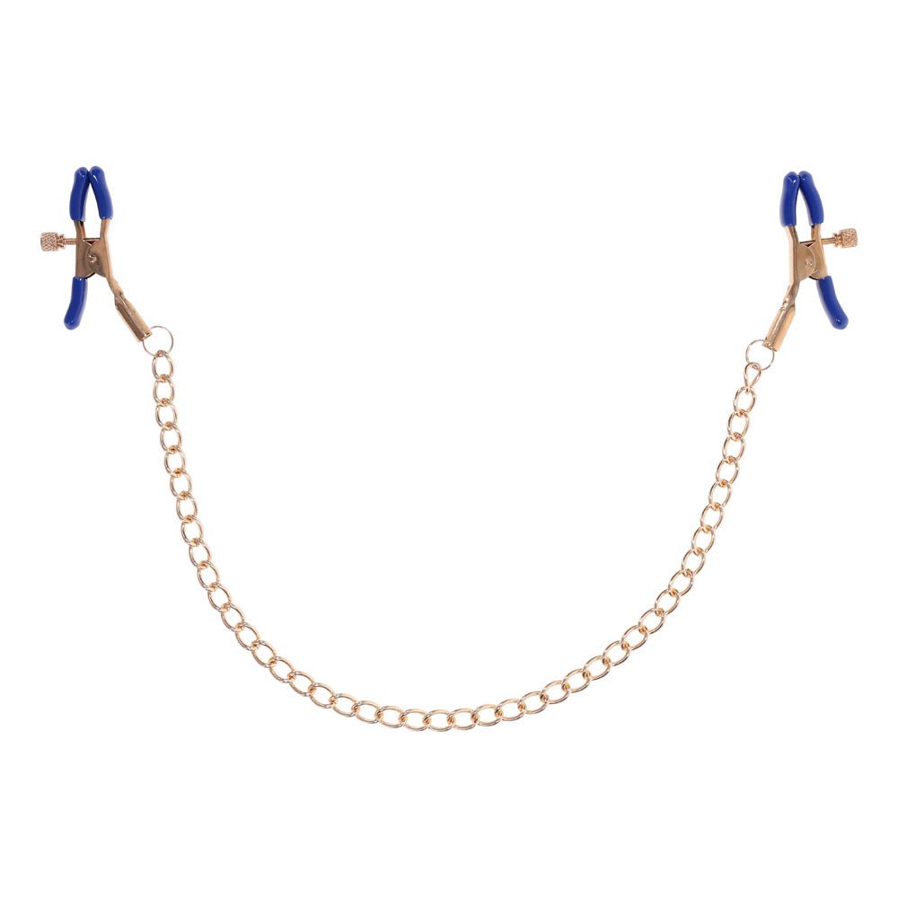 Sex & Mischief Cougar Chained Nipple Clamps - Gold Nipple Clamps with Cougar Chain - silkandsin