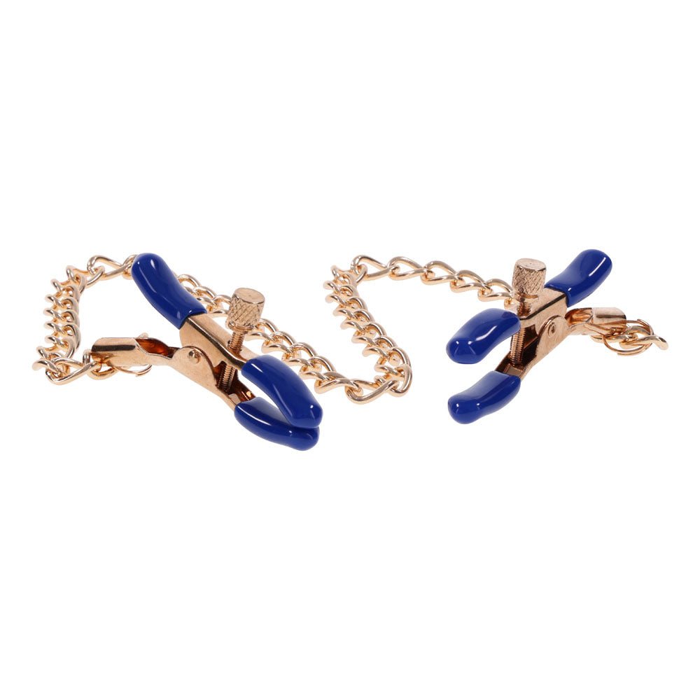 Sex & Mischief Cougar Chained Nipple Clamps - Gold Nipple Clamps with Cougar Chain - silkandsin