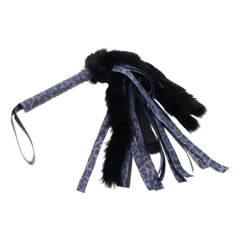 Sex & Mischief Cougar Faux Fur Flogger - Navy Blue/Black Furry Flogger Whip - silkandsin