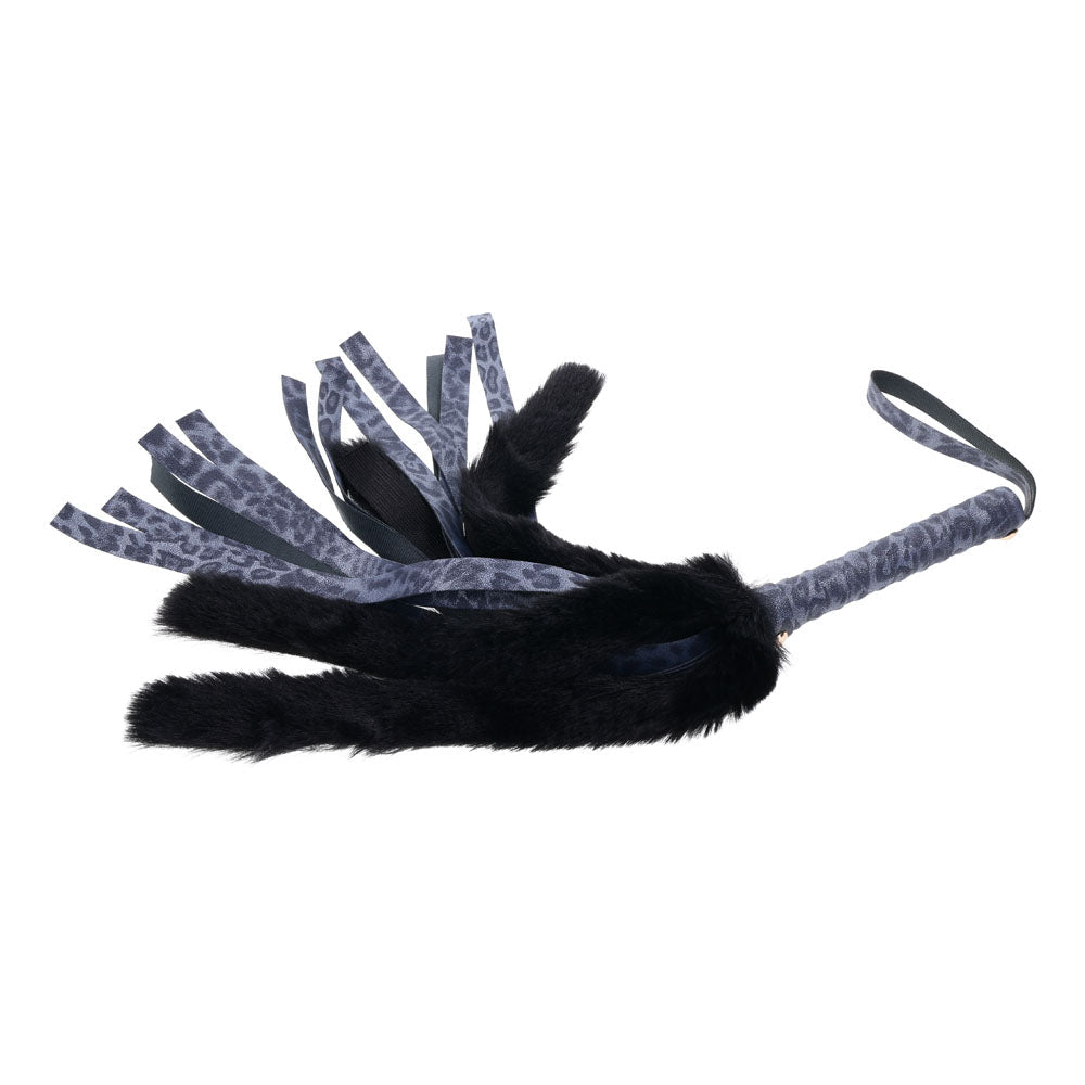 Sex & Mischief Cougar Faux Fur Flogger - Navy Blue/Black Furry Flogger Whip - silkandsin