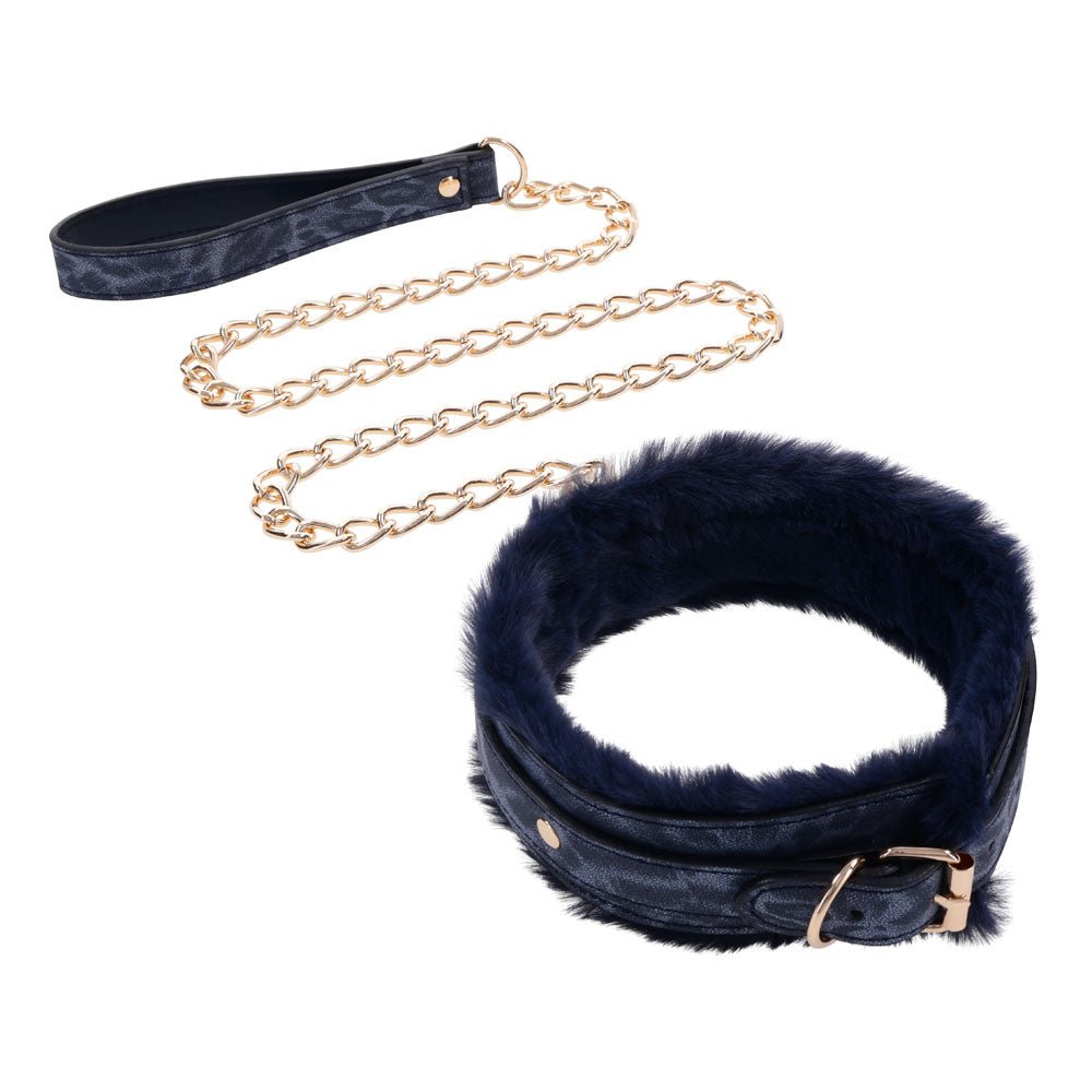 Sex & Mischief Cougar Fur Collar & Leash - Navy Blue/Gold Furry Restraint - Silk and Sin