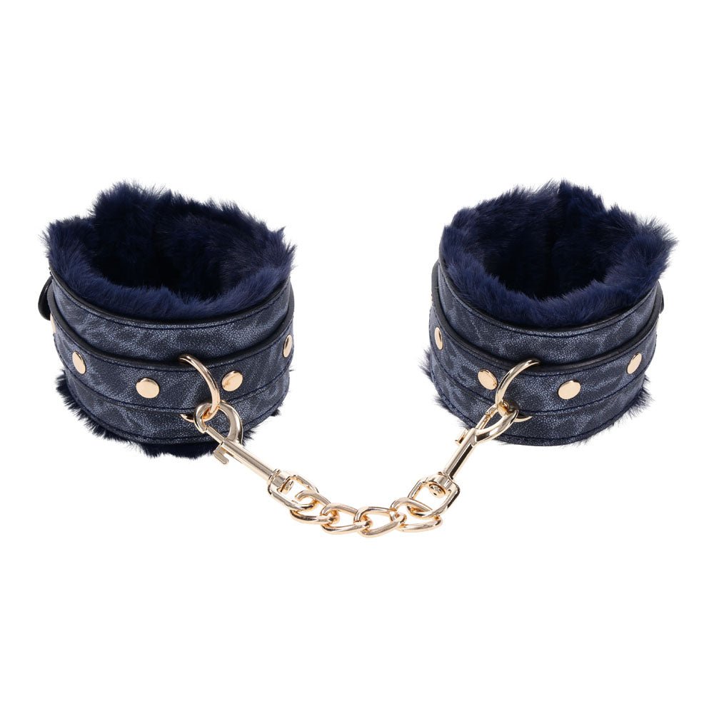 Sex & Mischief Cougar Fur Handcuffs - Navy Blue/Gold Furry Restraints - Silk and Sin