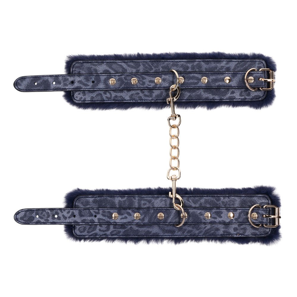 Sex & Mischief Cougar Fur Handcuffs - Navy Blue/Gold Furry Restraints - Silk and Sin