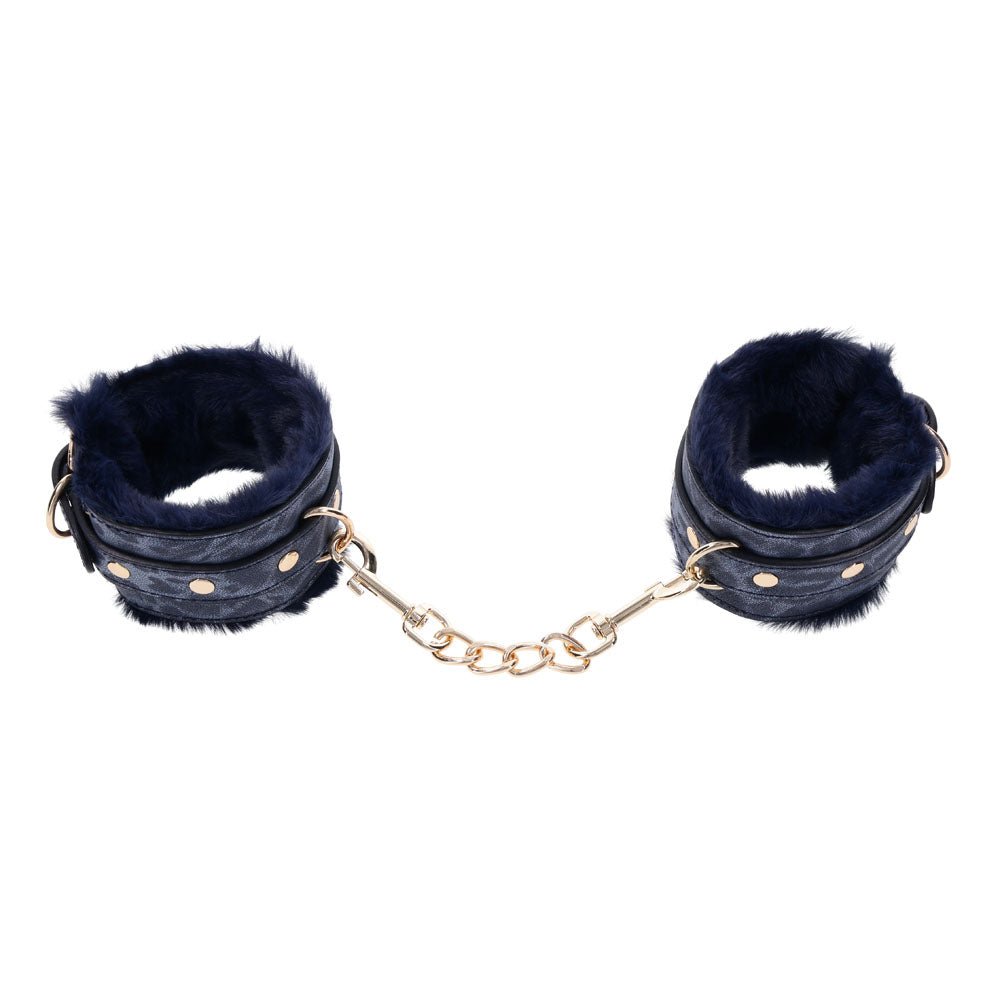 Sex & Mischief Cougar Fur Handcuffs - Navy Blue/Gold Furry Restraints - Silk and Sin