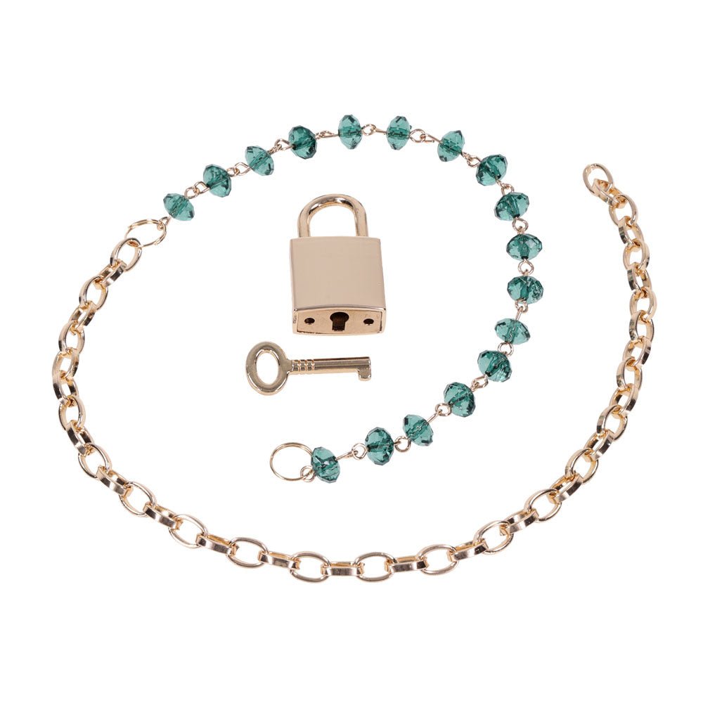 Sex & Mischief Indica Crystal Day Collar - Gold/Emerald Lockable Collar - silkandsin