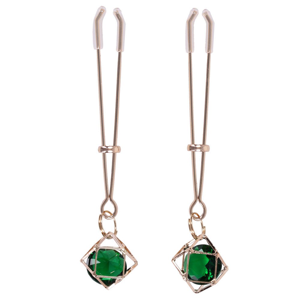 Sex & Mischief Indica Crystal Nipple Clips - Gold Nipple Clips with Emerald Gems - Silk and Sin