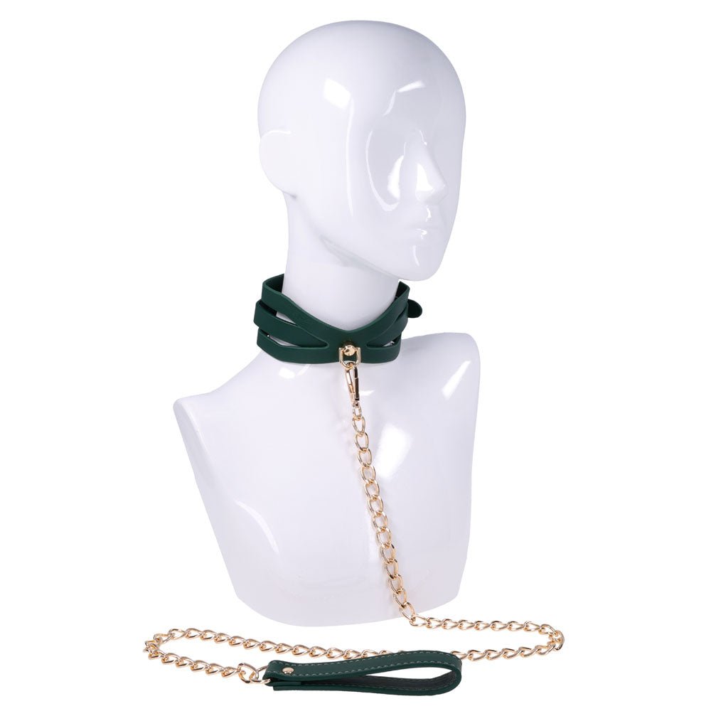 Sex & Mischief Indica Cutout Collar and Leash - Green/Gold Restraint - Silk and Sin